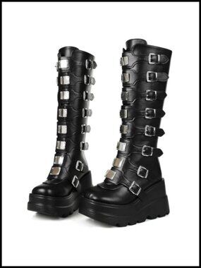 Wedge Platform Knee High Boots High Heel Round Toe Zip Punk Goth Combat Boots